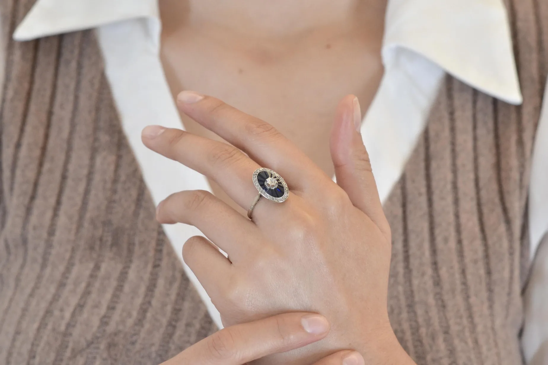 Bottazzi Blondeel Bague vintage diamants et saphirs synthétiques Clearance
