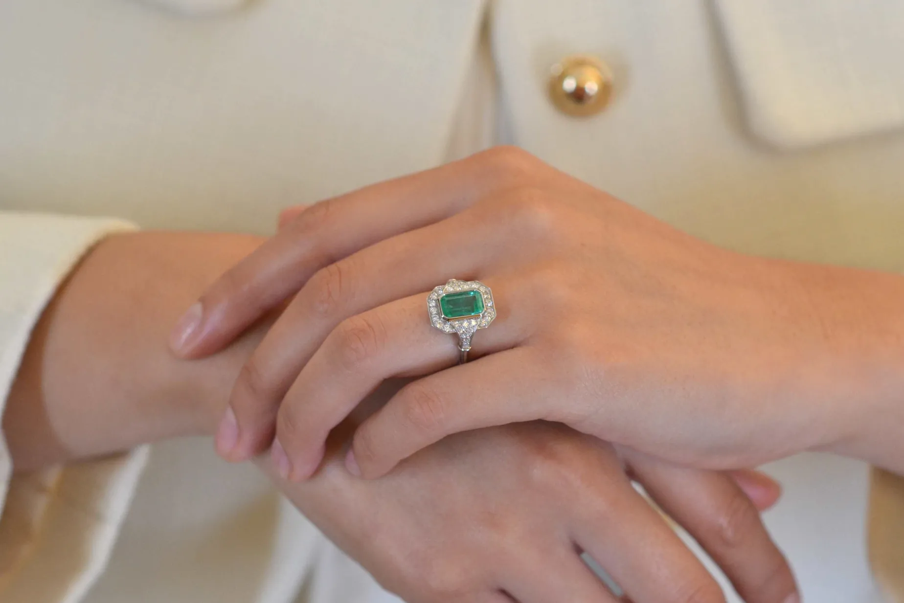 Bottazzi Blondeel Bague vintage émeraude et diamants Outlet